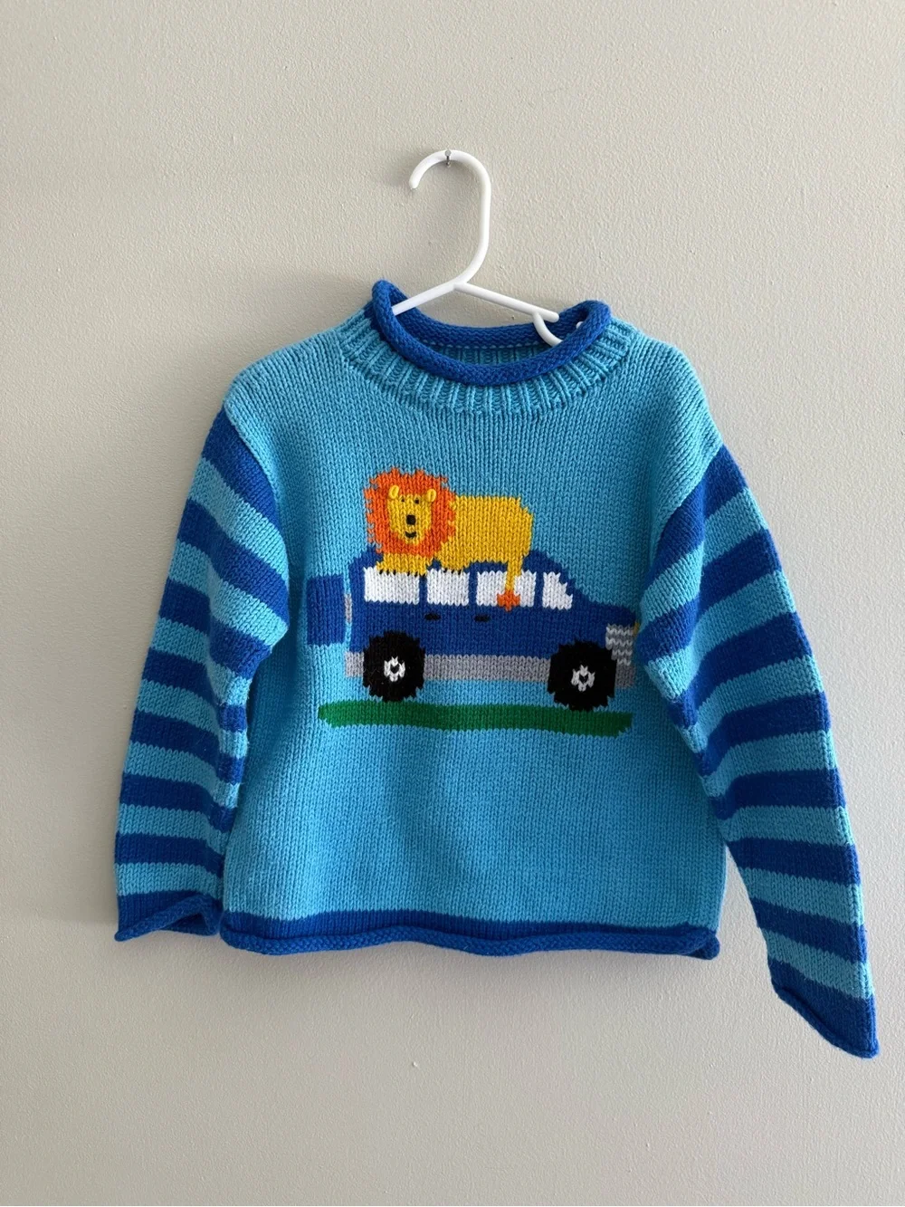 Vintage Mulberry Bush 4T Blue 100% Cotton Knit Sweater Crewneck Striped Animal